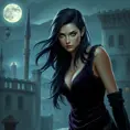 A mysterious woman with long raven hair, piercing blue eyes, and a form-fitting velvet dress, set against a backdrop of a moonlit Renaissance cityscape, Highly Detailed, Half Body, Gorgeous, Stunning, Elegant by Stanley Artgerm Lau