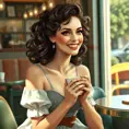 A beautiful woman with freckles and curly hair sitting in a cozy café, her eyes sparkling with laughter, adorned in a cute vintage dress, a steaming cup of coffee in her hands, sunlight streaming through the window., Highly Detailed, Half Body, Gorgeous, Stunning, Elegant by Stanley Artgerm Lau