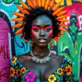 A radiant woman with dark skin and bright, colorful makeup, wearing a vibrant patterned dress, standing in front of a graffiti-covered wall, vivid colors, artistic and contemporary vibe, Highly Detailed, Half Body, Gorgeous, Stunning, Elegant by Stanley Artgerm Lau