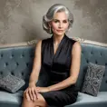 A sophisticated woman in her early 40s, silver hair flowing gently, dressed in a classic LBD with diamond earrings and clutch, seated elegantly on a velvet sofa, Highly Detailed, Half Body, Gorgeous, Stunning, Elegant by Stanley Artgerm Lau