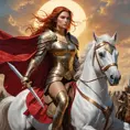 A powerful depiction of a warrior queen with sun-kissed skin and fiery bronze hair, astride a magnificent white steed, leading her army into battle, clad in gleaming armor and a crimson cloak., Highly Detailed, Half Body, Gorgeous, Stunning, Elegant by Stanley Artgerm Lau