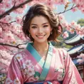 A beautiful woman with a radiant smile, surrounded by blooming cherry blossom trees, wearing a colorful kimono, capturing the essence of spring and renewal in her expression., Highly Detailed, Half Body, Gorgeous, Stunning, Elegant by Stanley Artgerm Lau