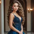 A stunning woman with piercing blue eyes and long, curly brown hair, posing in a elegant evening gown, Highly Detailed, Half Body, Gorgeous, Stunning, Elegant