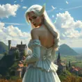 A majestic lady with an enigmatic smile and platinum hair, standing atop a hill overlooking a picturesque village, Highly Detailed, Half Body, Gorgeous, Stunning, Elegant by Stanley Artgerm Lau