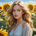 A luminous lady with a serene expression and flaxen hair, standing in a field of sunflowers under a clear sky, Highly Detailed, Half Body, Gorgeous, Stunning, Elegant by Stanley Artgerm Lau