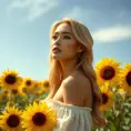 A luminous lady with a serene expression and flaxen hair, standing in a field of sunflowers under a clear sky, Highly Detailed, Half Body, Gorgeous, Stunning, Elegant by Stanley Artgerm Lau