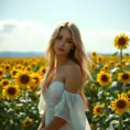 A luminous lady with a serene expression and flaxen hair, standing in a field of sunflowers under a clear sky, Highly Detailed, Half Body, Gorgeous, Stunning, Elegant by Stanley Artgerm Lau