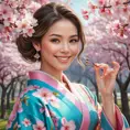 A beautiful woman with a radiant smile, surrounded by blooming cherry blossom trees, wearing a colorful kimono, capturing the essence of spring and renewal in her expression., Highly Detailed, Half Body, Gorgeous, Stunning, Elegant by Stanley Artgerm Lau