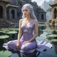 A serene depiction of a woman with pale lavender skin and flowing silver hair, sitting lotus-positioned atop a tranquil lotus flower in an otherworldly, bioluminescent pond, surrounded by ancient stone ruins., Highly Detailed, Half Body, Gorgeous, Stunning, Elegant by Stanley Artgerm Lau