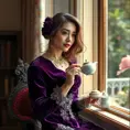 A mature lady with chestnut brown hair streaked with silver, dressed in a rich purple velvet dress adorned with antique lace, sipping tea by an open window, Highly Detailed, Half Body, Gorgeous, Stunning, Elegant by Stanley Artgerm Lau