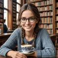 Woman with glasses and a kind smile, holding a cup of coffee while sitting quietly in an antique bookstore, Highly Detailed, Intricate, Half Body, Realistic