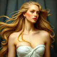 A beautiful woman inspired by the style of Botticelli's 'The Birth of Venus', with golden skin and flowing blonde hair, Highly Detailed, Half Body, Gorgeous, Stunning, Elegant