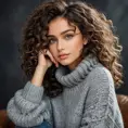 A gorgeous woman with curly dark brown hair and warm hazel eyes, wearing a cozy sweater and distressed denim, Highly Detailed, Half Body, Gorgeous, Stunning, Elegant