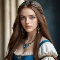 A gorgeous woman inspired by the Renaissance era, with long, straight brown hair and piercing blue eyes, Highly Detailed, Half Body, Gorgeous, Stunning, Elegant