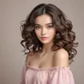 An elegant brunette with soft curls framing her face, dressed in a pastel pink丝绸衫搭配白色短裤，优雅地坐在一把藤椅上，手中拿着一本书, Highly Detailed, Half Body, Gorgeous, Stunning, Elegant by Stanley Artgerm Lau