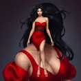 A gorgeous woman with porcelain skin and raven-black hair, wearing a fitted red dress and high heels, Highly Detailed, Half Body, Gorgeous, Stunning, Elegant