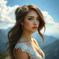 a stunning woman with piercing blue eyes, gazing out at a breathtaking mountain vista, Highly Detailed, Half Body, Gorgeous, Stunning, Elegant by Stanley Artgerm Lau