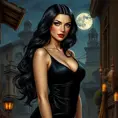 A mysterious woman with long raven hair, piercing blue eyes, and a form-fitting velvet dress, set against a backdrop of a moonlit Renaissance cityscape, Highly Detailed, Half Body, Gorgeous, Stunning, Elegant by Stanley Artgerm Lau