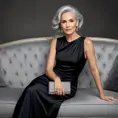 A sophisticated woman in her early 40s, silver hair flowing gently, dressed in a classic LBD with diamond earrings and clutch, seated elegantly on a velvet sofa, Highly Detailed, Half Body, Gorgeous, Stunning, Elegant by Stanley Artgerm Lau