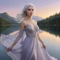 An ethereal woman with silver-white hair, soft violet eyes, and an airy chiffon dress, floating gracefully above a tranquil, mirror-like lake at twilight, Highly Detailed, Half Body, Gorgeous, Stunning, Elegant by Stanley Artgerm Lau