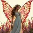 A beautiful woman with wings like a butterfly, surrounded by flowers and sunlight, Highly Detailed, Half Body, Gorgeous, Stunning, Elegant