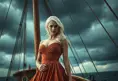 A cinematic still featuring a woman with striking blue eyes and platinum blonde hair, dressed in an elegant gown, standing confidently at the prow of a majestic sailing ship under stormy skies, Highly Detailed, Intricate, Half Body, Realistic