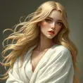 a timeless goddess with cascading golden hair and a serene expression, draped in flowing white robes, Highly Detailed, Half Body, Gorgeous, Stunning, Elegant by Stanley Artgerm Lau