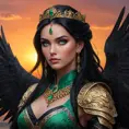 A strong and regal warrior queen with piercing emerald eyes and raven-black hair, set against a fiery sunset, Highly Detailed, Half Body, Gorgeous, Stunning, Elegant by Stanley Artgerm Lau