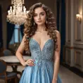 A stunning woman with piercing blue eyes and long, curly brown hair, posing in a elegant evening gown, Highly Detailed, Half Body, Gorgeous, Stunning, Elegant