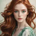 A breathtakingly beautiful woman with flowing auburn hair, emerald eyes, and a delicate porcelain complexion, ethereal and otherworldly, Highly Detailed, Half Body, Gorgeous, Stunning, Elegant by Stanley Artgerm Lau