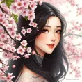 A radiant woman with a gentle smile and raven hair, surrounded by a cascade of cherry blossoms in spring, Highly Detailed, Half Body, Gorgeous, Stunning, Elegant by Stanley Artgerm Lau