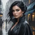 A mysterious and alluring femme fatale with piercing sapphire eyes and raven-black hair, shrouded in smoke and shadows on a rain-soaked city street, Highly Detailed, Half Body, Gorgeous, Stunning, Elegant by Stanley Artgerm Lau