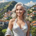 A majestic lady with an enigmatic smile and platinum hair, standing atop a hill overlooking a picturesque village, Highly Detailed, Half Body, Gorgeous, Stunning, Elegant by Stanley Artgerm Lau