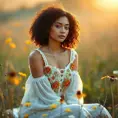 A beautiful woman with dark curly hair, wearing a bohemian dress, sitting in a sunlit meadow filled with wildflowers, soft-focus background, ethereal atmosphere, warm golden tones, natural beauty, Highly Detailed, Half Body, Gorgeous, Stunning, Elegant by Stanley Artgerm Lau