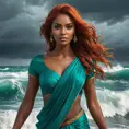 A breathtaking portrayal of a woman with dark umber skin and fiery copper hair, standing defiantly amidst the crashing waves of a stormy sea, dressed in a vibrant turquoise sari, her eyes locked onto an approaching thunderstorm., Highly Detailed, Half Body, Gorgeous, Stunning, Elegant by Stanley Artgerm Lau