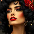 A stunning woman reminiscent of Salvador Dali's 'Gala', with bold red lips and curly black hair, Highly Detailed, Half Body, Gorgeous, Stunning, Elegant