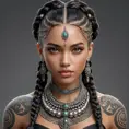 a fierce warrior queen with intricate tattoos and braided hair adorned with beads, her gaze commanding respect, Highly Detailed, Half Body, Gorgeous, Stunning, Elegant by Stanley Artgerm Lau