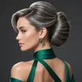 A lady in her late 30s with soft gray hair pulled back into a classic chignon, wearing an elegant emerald green dress that softly hugs her figure, Highly Detailed, Half Body, Gorgeous, Stunning, Elegant by Stanley Artgerm Lau