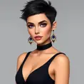 A chic woman with short, spiky black hair and piercing purple eyes, wearing a sleek black jumpsuit and statement earrings, Highly Detailed, Half Body, Gorgeous, Stunning, Elegant