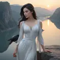 A serene and elegant woman with porcelain skin and raven hair stands atop a cliff overlooking a tranquil lake at dawn., Highly Detailed, Half Body, Gorgeous, Stunning, Elegant by Stanley Artgerm Lau