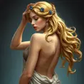 A radiant goddess from ancient Greece, adorned with golden laurels and sapphires, her tawny tresses cascading down her back like a waterfall., Highly Detailed, Half Body, Gorgeous, Stunning, Elegant by Stanley Artgerm Lau