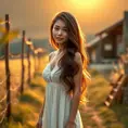 A beautiful woman with long, wavy brunette hair, wearing a casual summer dress, standing in a rustic countryside, the golden hour light casting a warm glow, idyllic and peaceful setting, Highly Detailed, Half Body, Gorgeous, Stunning, Elegant by Stanley Artgerm Lau