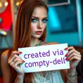 A stunning woman with long, straight red hair and bright blue eyes, holding up a sign that says "created via comfy-dell", Highly Detailed, Half Body, Gorgeous, Stunning, Elegant