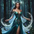 A mystical sorceress in a dark forest, her luminescent gown shimmering with magic, wildflowers blooming at her feet, casting spells as swirling lights dance around her., Highly Detailed, Half Body, Gorgeous, Stunning, Elegant by Stanley Artgerm Lau