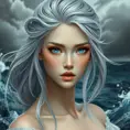 A poised beauty with piercing sapphire eyes and silver hair, standing against a backdrop of a stormy sea, Highly Detailed, Half Body, Gorgeous, Stunning, Elegant by Stanley Artgerm Lau