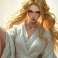 a timeless goddess with cascading golden hair and a serene expression, draped in flowing white robes, Highly Detailed, Half Body, Gorgeous, Stunning, Elegant by Stanley Artgerm Lau