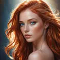 a stunningly beautiful woman with flowing red hair and piercing blue eyes, illuminated by warm sunlight, Highly Detailed, Half Body, Gorgeous, Stunning, Elegant by Stanley Artgerm Lau