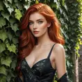 A bewitching beauty with sharp features and fiery red hair, leaning against an ancient, ivy-covered wall, Highly Detailed, Half Body, Gorgeous, Stunning, Elegant by Stanley Artgerm Lau