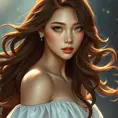 A woman with cascading chestnut brown hair, her eyes sparkling like sapphires, wearing a flowing white dress that catches the light, Highly Detailed, Half Body, Gorgeous, Stunning, Elegant by Stanley Artgerm Lau