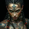 a fierce warrior queen with intricate tattoos and braided hair adorned with beads, her gaze commanding respect, Highly Detailed, Half Body, Gorgeous, Stunning, Elegant by Stanley Artgerm Lau